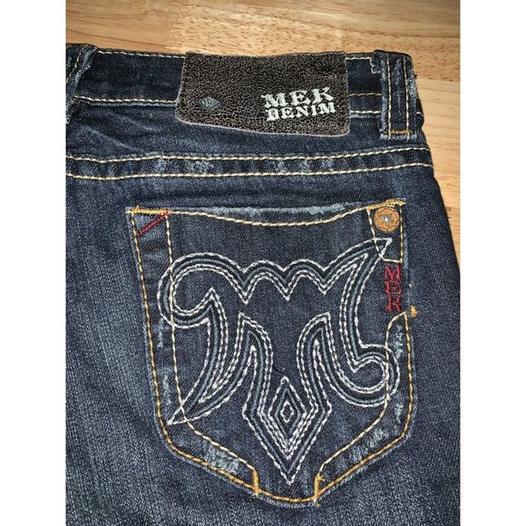 MEK DENIM Sz 27 Zanzibar Bootcut Dark Wash Selvedge Denim Jeans Distressed EUC - Picture 6 of 12